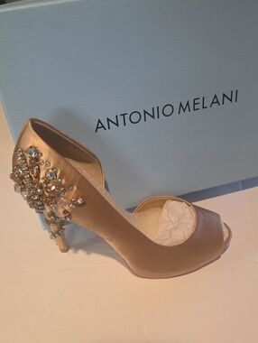 ANTONIO MELANI Champagne Satin Peep-Toe Heels with Jeweled Accent